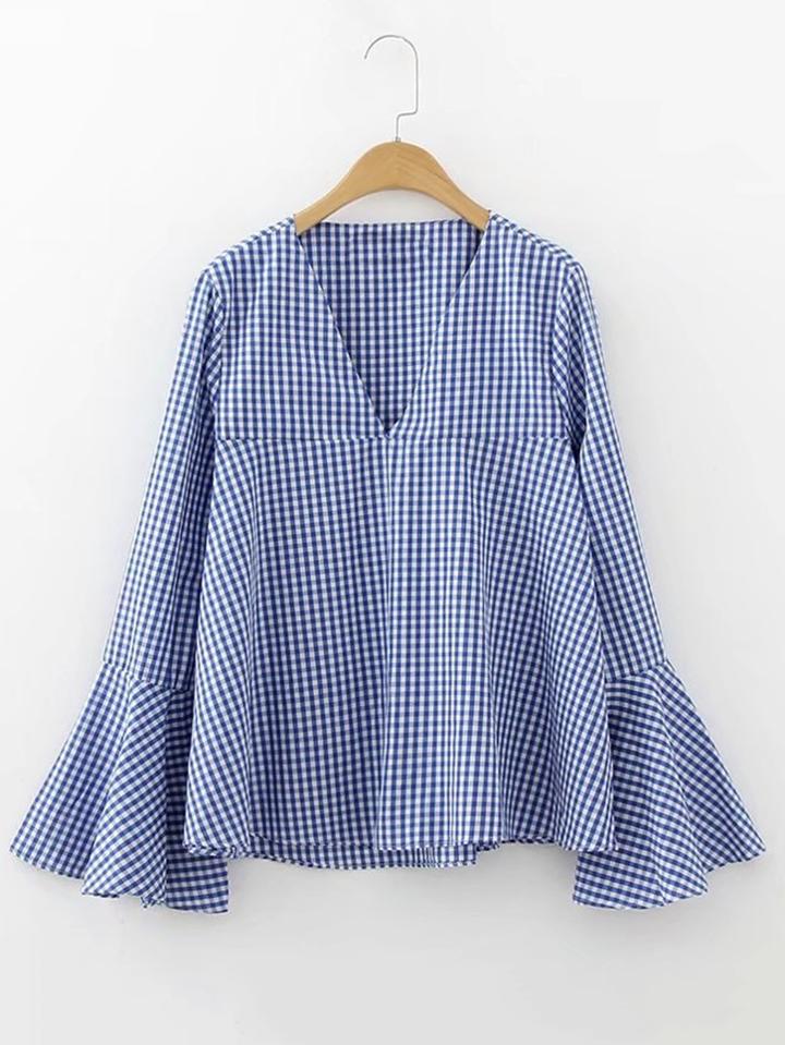 Shein V-neckline Bell Sleeve Gingham Blouse