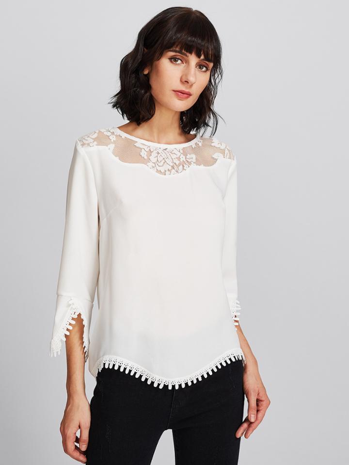 Shein Illusion Neck Lace Trim Scallop Top