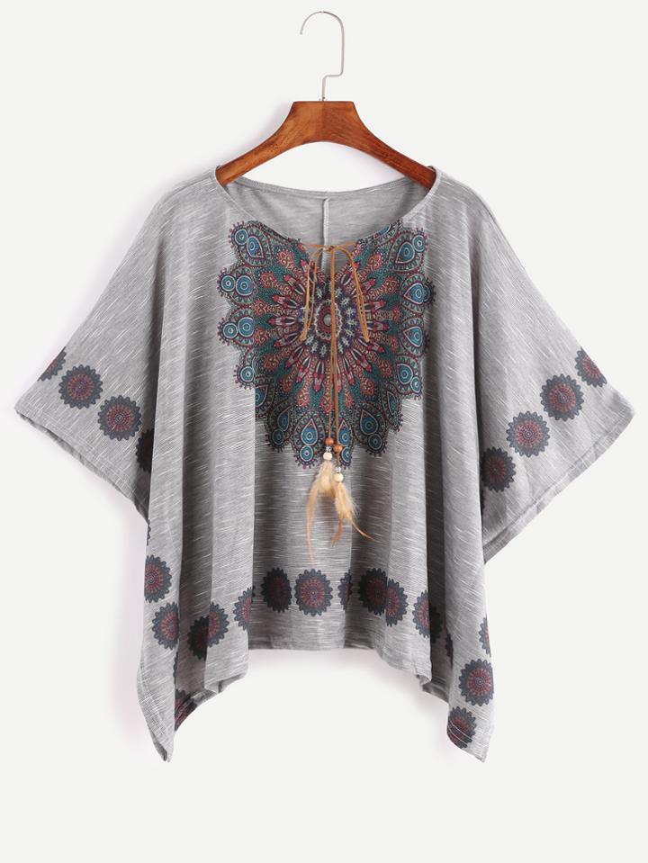 Shein Grey Vintage Print Dolman Sleeve Tie Neck T-shirt