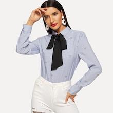 Shein Botanical & Pinstripe Print Tied Neck Shirt