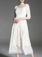 Shein White Boat Neck Gauze Embroidered A-line Dress
