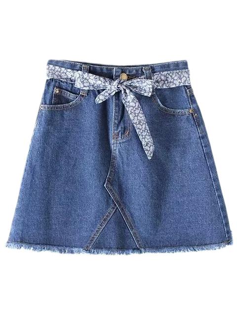 Shein Dark Blue Tie-waist Bow Fringe Denim Skirt