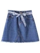 Shein Dark Blue Tie-waist Bow Fringe Denim Skirt