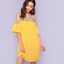 Shein Embroidered Mesh Shoulder Flounce Sleeve Dress