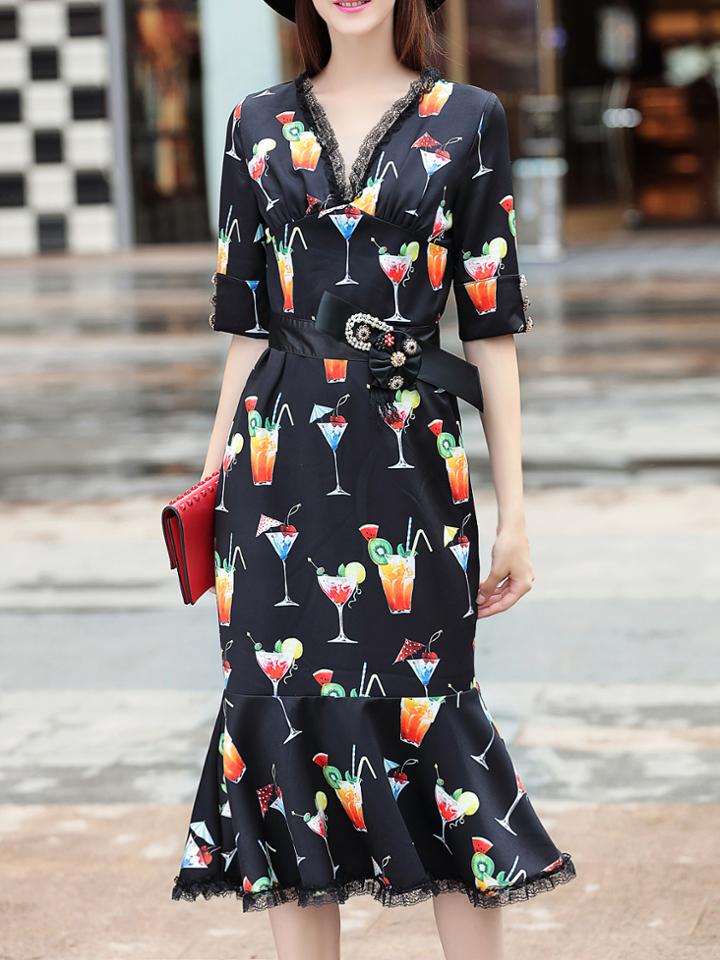Shein Black V Neck Tie-waist Print Fishtail Dress
