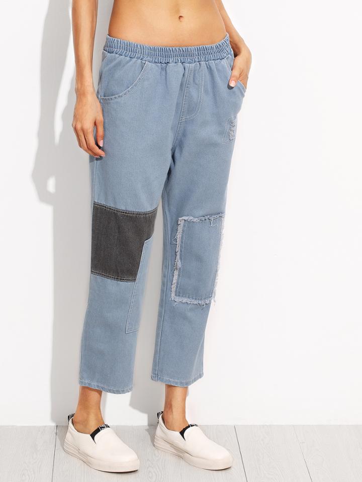 Shein Blue Patched Elastic Waist Denim Jeans