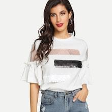 Shein Sequins Contrast Mesh Bell Sleeve Tee