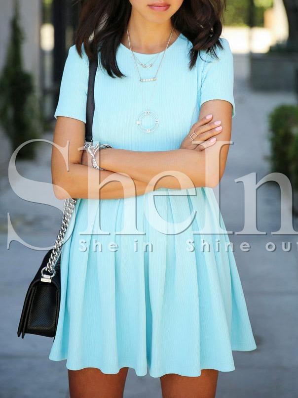 Shein Blue Crew Neck Pleated Dress