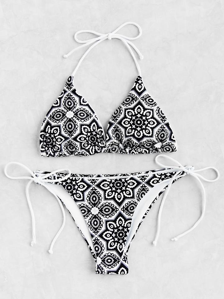 Shein Retro Flower Print Side Tie Bikini Set