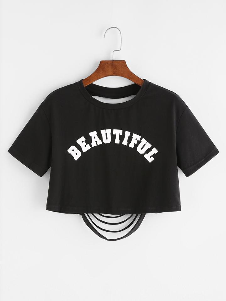 Shein Letter Print Ripped Back Crop T-shirt
