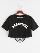 Shein Letter Print Ripped Back Crop T-shirt