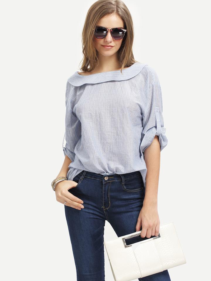 Shein Blue Vertical Striped Bottons Blouse