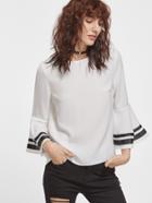 Shein White Striped Bell Sleeve Keyhole Back Blouse