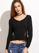 Shein Black V Neck Ripped High Low Sweater