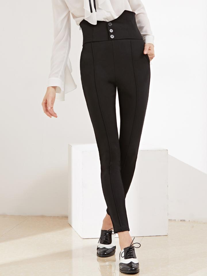 Shein Black V Notch Buttoned High Waist Tailored Pants