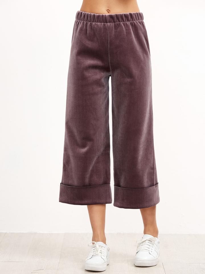 Shein Purple Elastic Waist Wide Leg Cuffed Pants