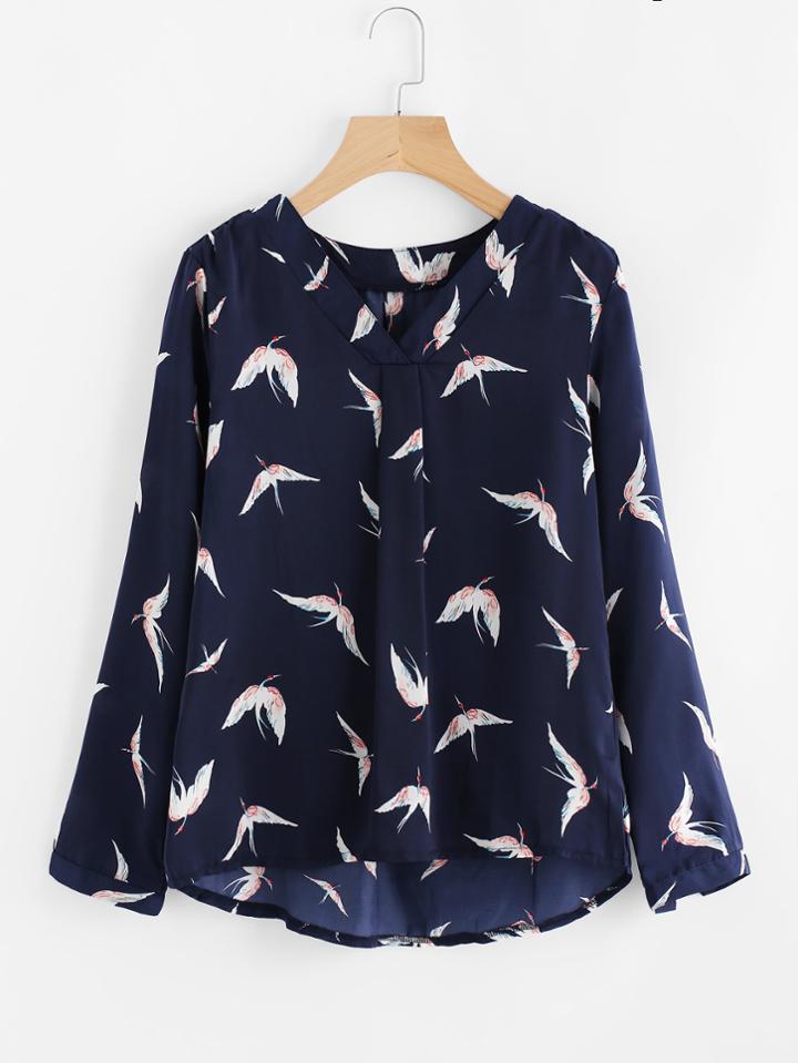 Shein V-neckline Dip Hem Seamless Pattern Blouse