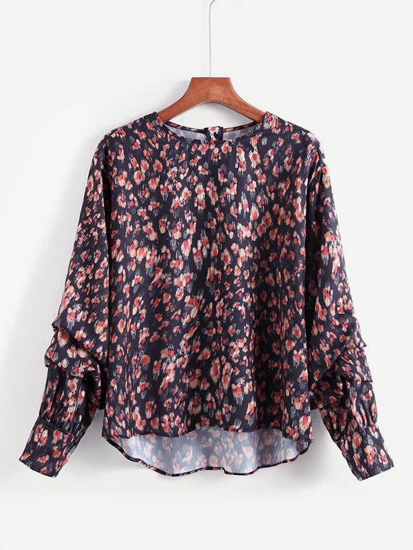 Shein Calico Print Ruched Sleeve Blouse