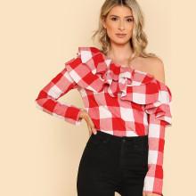 Shein Flounce Layered Neckline Plaid Top