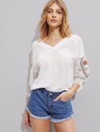 Shein Embroidery Mesh Sleeve Frill Cuff Chiffon Top