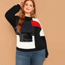 Shein Plus Contrast Faux Fur Detail Colorblock Pullover