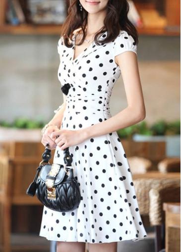 Rosewe Elegant Sheared Waist Cap Sleeve White Polka Dot Dress