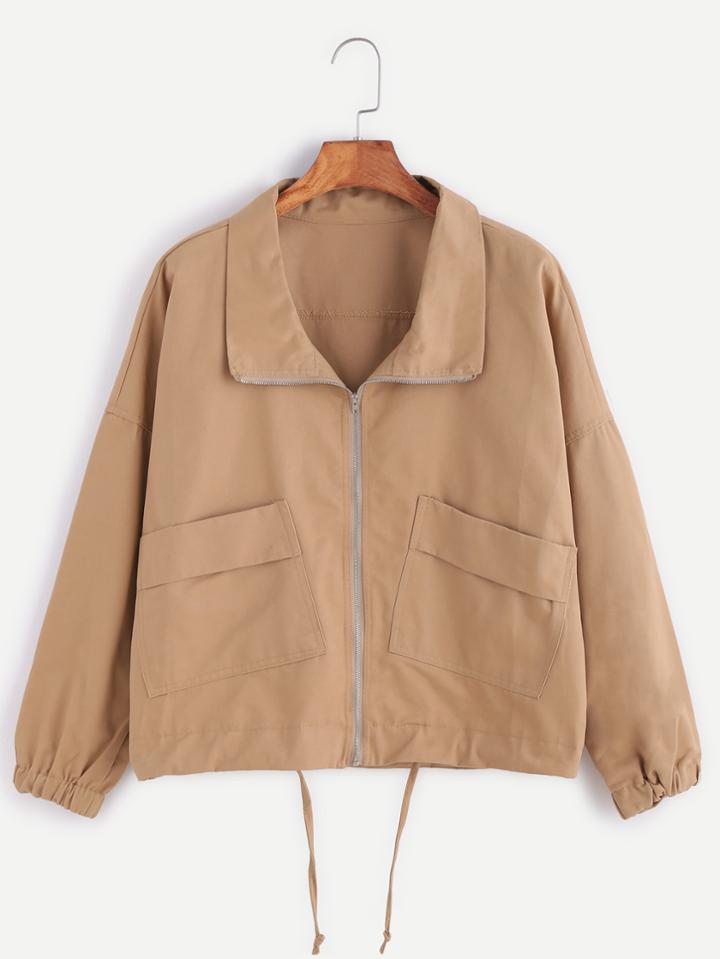 Shein Khaki Drop Shoulder Drawstring Hem Coat