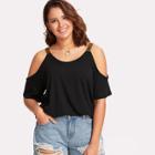 Shein Plus Embroidered Strap Detail Cold Shoulder Tee