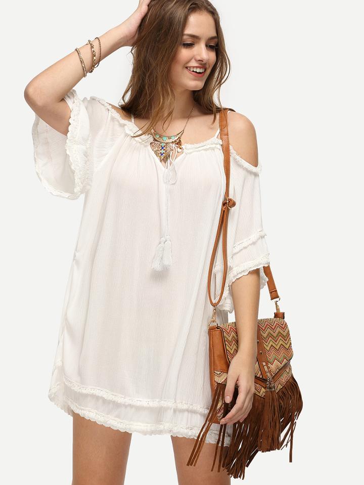 Shein White Spaghetti Strap Cold Shoulder Tassel Shift Dress
