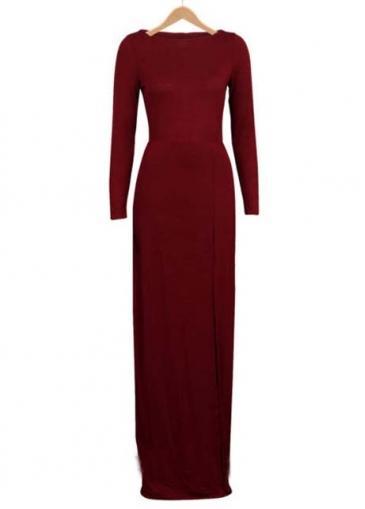 Rosewe Formal Round Neck Wine Red Cotton Blended Slit Dress