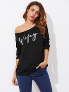 Shein Letter Print Raw Cut Bardot Tee