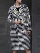 Shein Black Lapel Houndstooth Embroidered Pockets Coat
