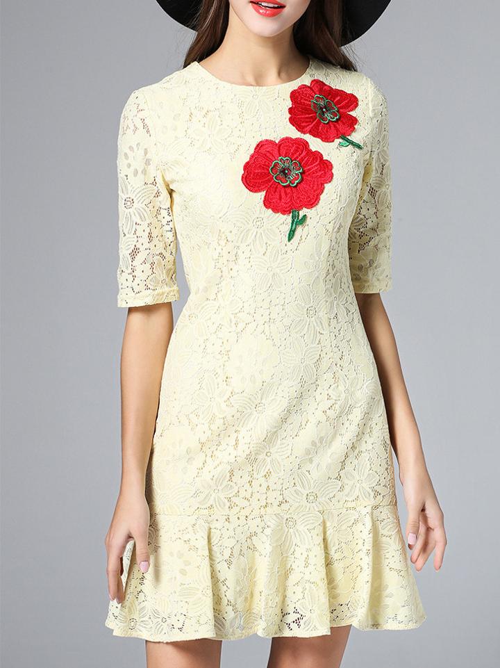 Shein Beige Embroidered Drop Waist Frill Lace Dress