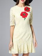 Shein Beige Embroidered Drop Waist Frill Lace Dress