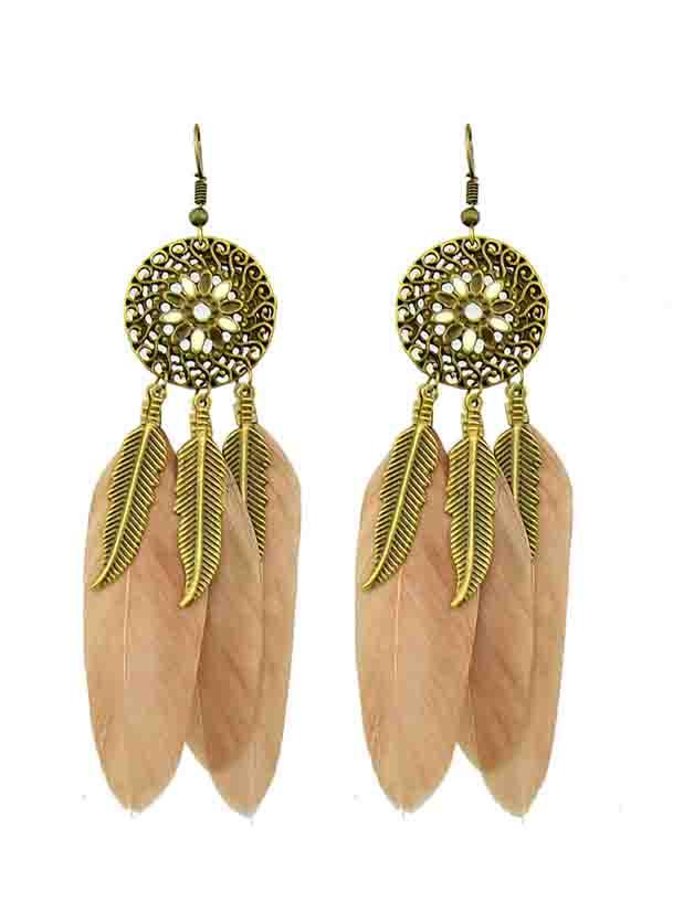 Shein Pink Ethnic Style Colorful Feather Long Chandelier Earrings
