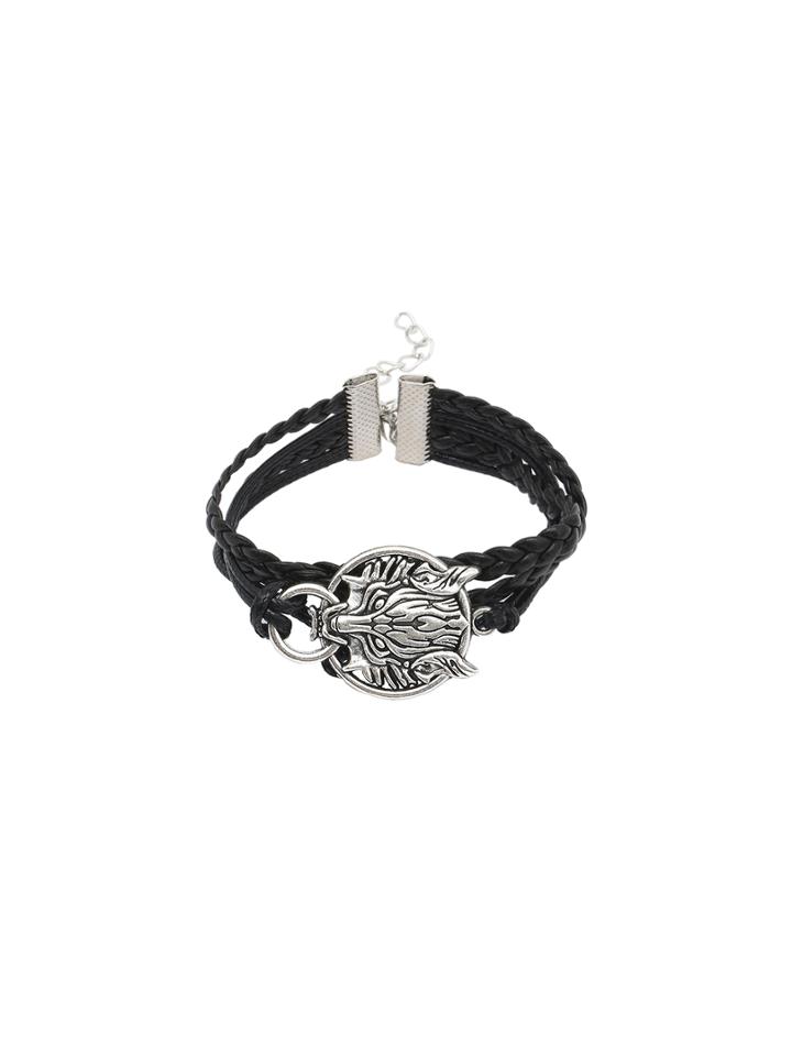 Shein Black Leather Braided Metal Wolf Head Charm Bracelet