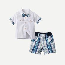 Shein Boys Bow Tie Detail Shirt With Tartan Shorts