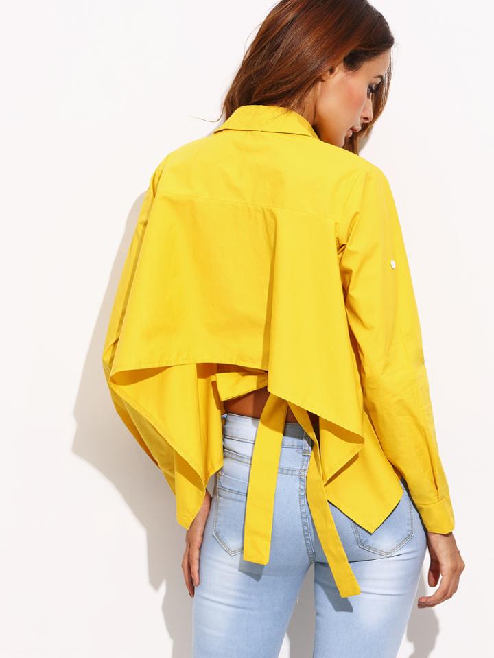 Shein Yellow Roll Tab Sleeve Tie Back High Low Blouse
