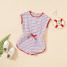 Shein Girls Drawstring Waist Zip Back Striped Ringer Romper