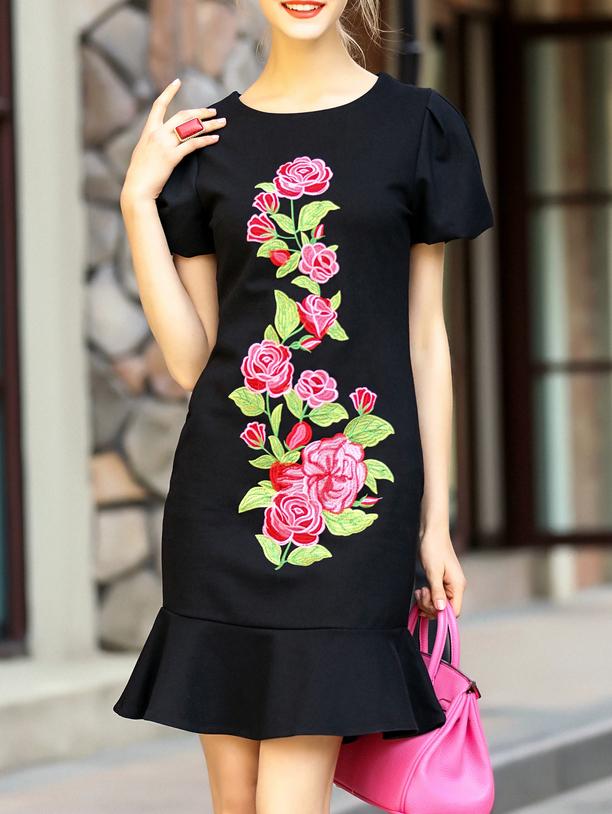 Shein Black Rose Embroidered Frill Dress