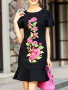 Shein Black Rose Embroidered Frill Dress