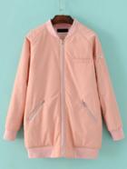 Shein Pink Raglan Sleeve Zipper Pocket Long Baseball Jacket