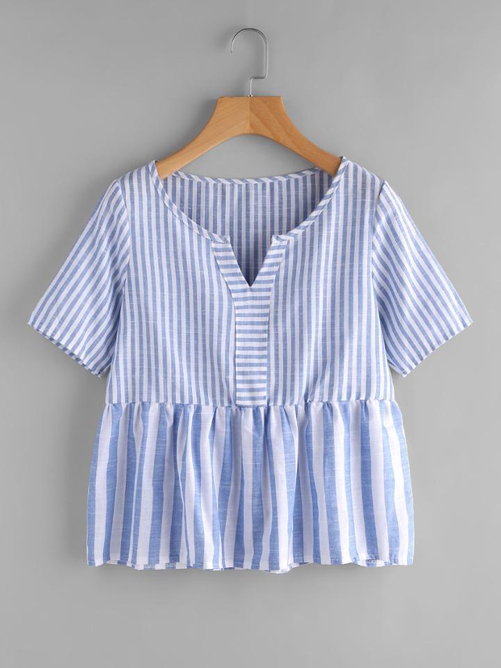 Shein Contrast Striped V Cut Smock Blouse