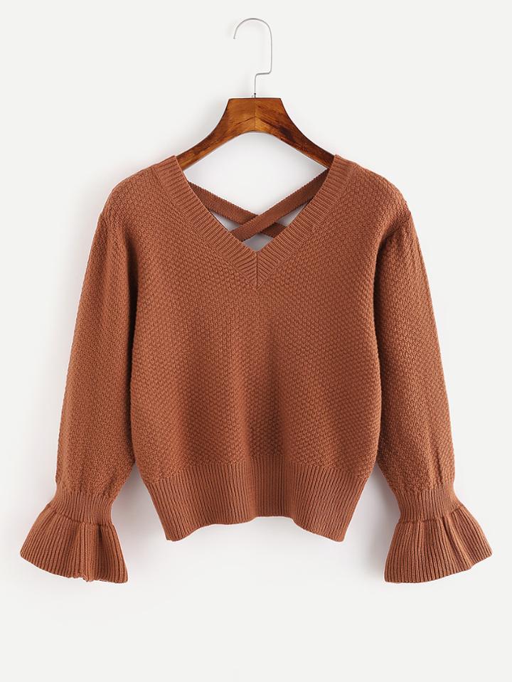 Shein Double V Criss Cross Flounce Cuff Jumper