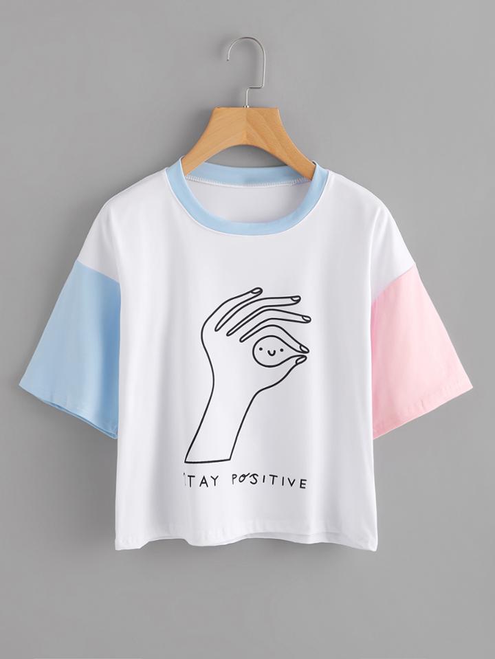 Shein Contrast Sleeve Hand Print Tee