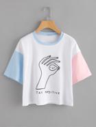 Shein Contrast Sleeve Hand Print Tee
