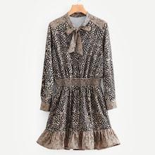 Shein Tie Neck Leopard Print Ruffle Hem Dress