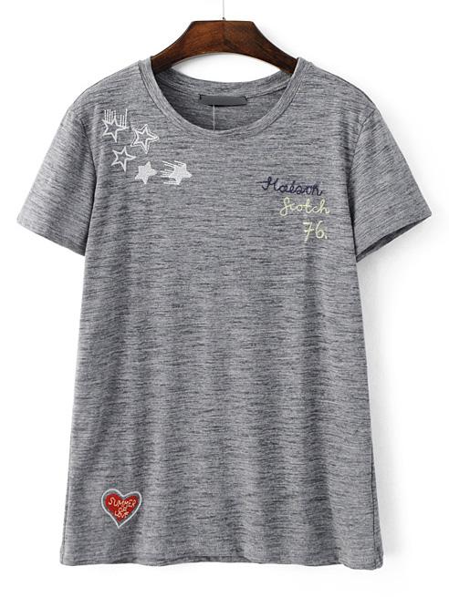 Shein Grey Letter Embroidery Casual T-shirt