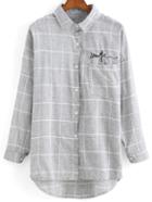 Shein Lapel Dip Hem Plaid Checked Embroidered Grey Blouse