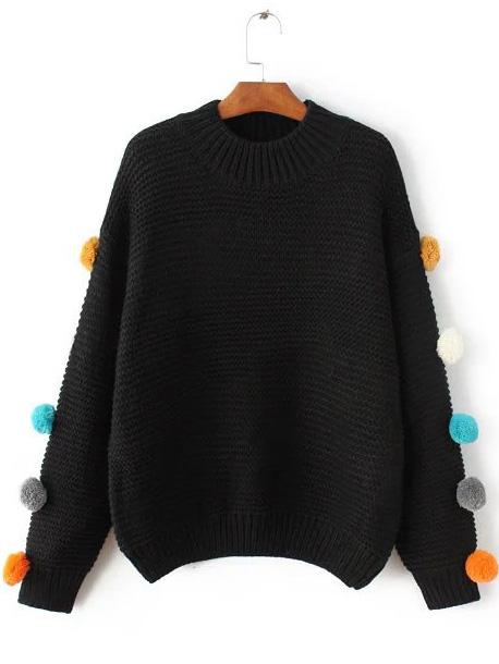 Shein Black Crew Neck Pom Pom Sweater